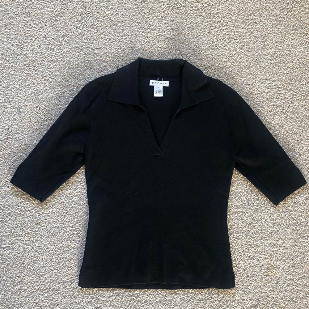 Vintage Urchin Mark Eisen Black Knit Polo Top M Deep V Collar Designer 90s
